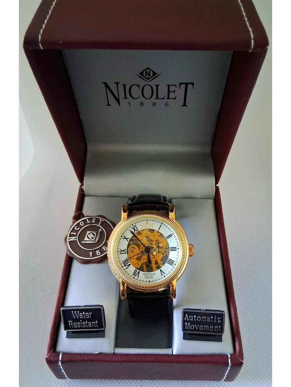 NEW in Box RARE Nicolet 1886 NT322122 Skeleton Mechanical Men's Leather Watch